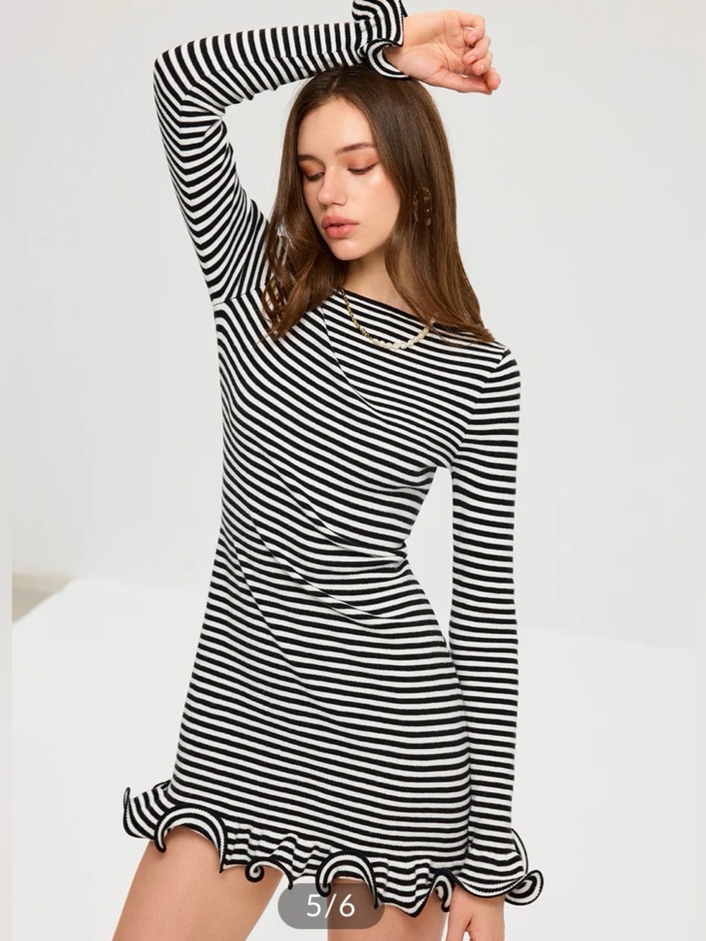 Commense Black & White Striped Long Sleeve Ruffle-Hem Mini Dress